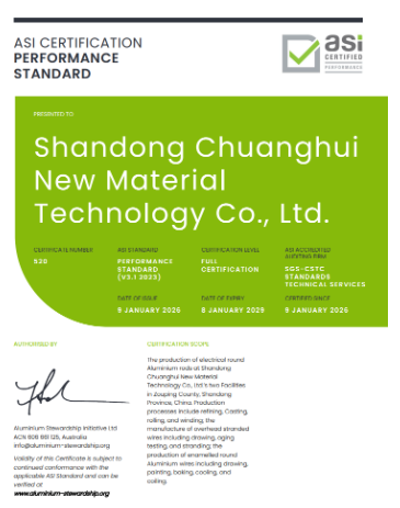 山东创汇新材料科技有限公司通过铝业管理倡议ASI绩效标准V3认证