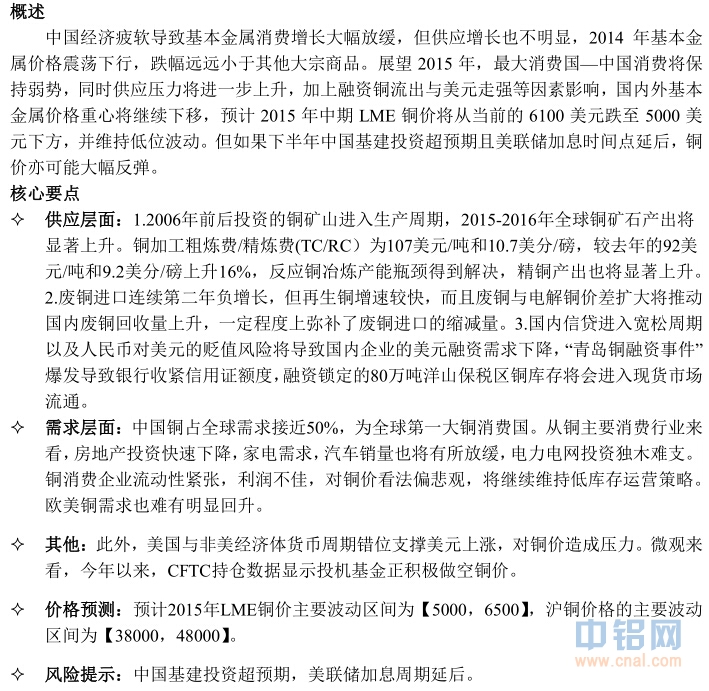 中投天琪期货2015年铜年报