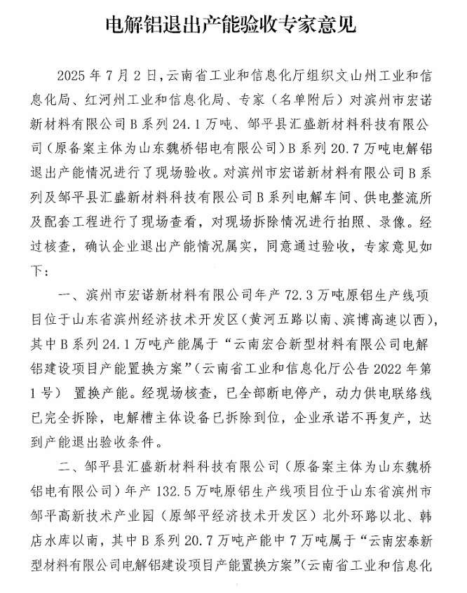 云南宏合新型材料有限公司192.86万吨电解铝建设项目B系列二段产能置换方案执行情况