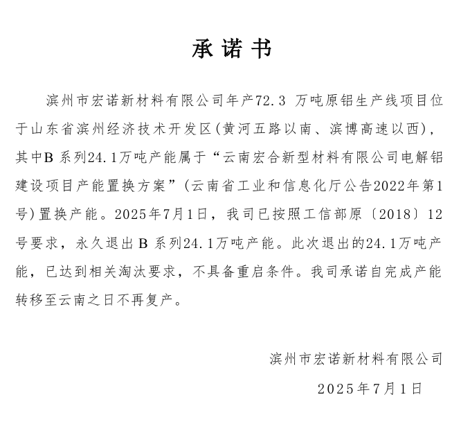 云南宏合新型材料有限公司192.86万吨电解铝建设项目B系列二段产能置换方案执行情况
