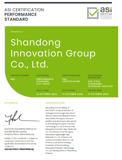 山东创新集团有限公司通过铝业管理倡议ASI绩效标准V3和监管链标准V2双认证