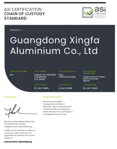 广东兴发铝业有限公司通过铝业管理倡议ASI绩效标准V3和监管链标准V2双认证
