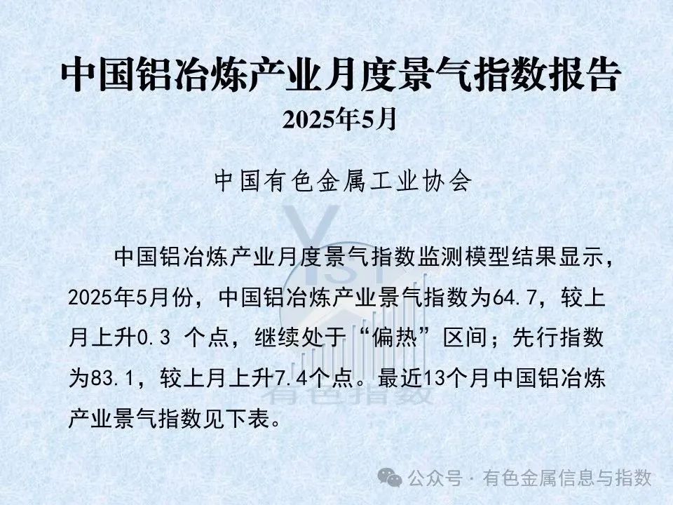 中国铝冶炼产业月度景气指数报告（2025年5月）