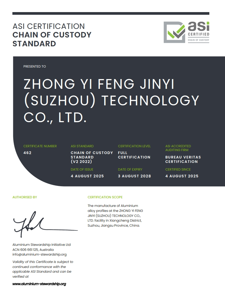 中亿丰金益科技（苏州）有限公司通过铝业管理倡议ASI绩效标准V3和监管链标准V2双认证