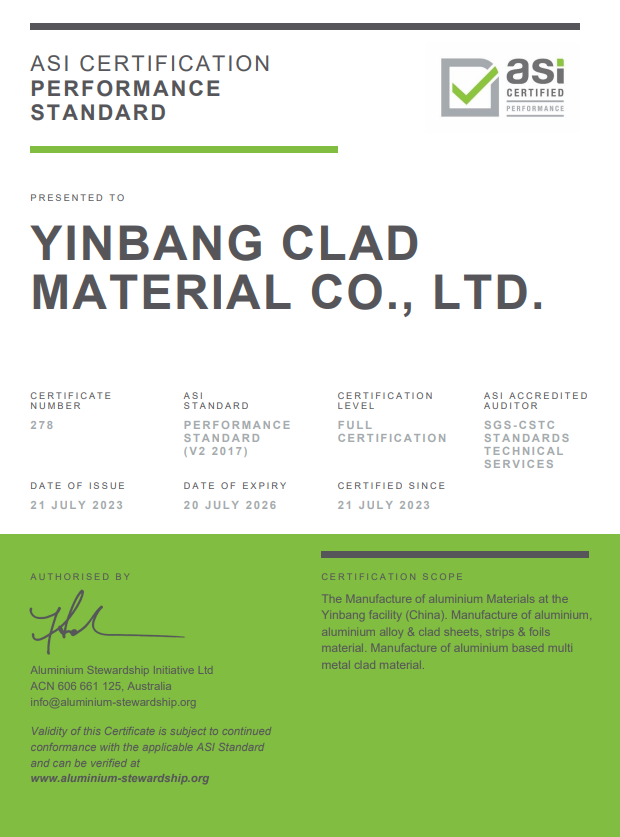 银邦金属复合材料股份有限公司通过铝业管理倡议ASI绩效标准认证