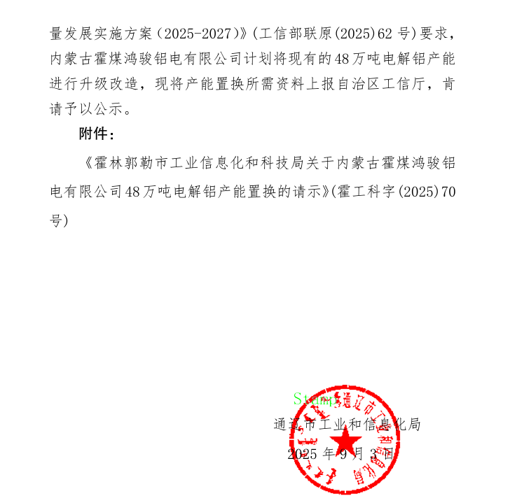 关于内蒙古霍煤鸿骏铝电有限责任公司48万吨电解铝产能置换方案的公示